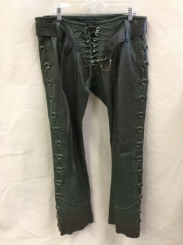 MTO, Olive Green, Leather, Solid, ( 2 of Them:  1-36, 1-38) , 1-Olive, Belt Hoops, Metal Ring Lace Front, and Metal Ring Detail Work on the Side (aged & Distress), with Detached 2" Black Belt with Silver Buckle, Raw Hem