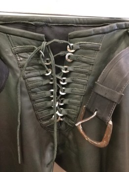 MTO, Olive Green, Leather, Solid, ( 2 of Them:  1-36, 1-38) , 1-Olive, Belt Hoops, Metal Ring Lace Front, and Metal Ring Detail Work on the Side (aged & Distress), with Detached 2" Black Belt with Silver Buckle, Raw Hem