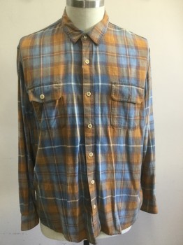 N/L, Blue, Brown, Ecru, Orange, Cotton, Plaid, Long Sleeves, Button Front, Flannel, 2 Pockets with Flaps, Aged/Distressed, a Little Worn on the Button Placket