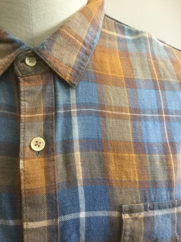 N/L, Blue, Brown, Ecru, Orange, Cotton, Plaid, Long Sleeves, Button Front, Flannel, 2 Pockets with Flaps, Aged/Distressed, a Little Worn on the Button Placket