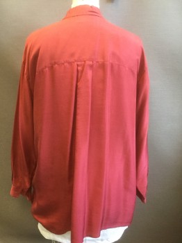 LIZ CLAIBORNE , Cherry Red, Silk, Solid, Long Sleeve Button Front, Collar Attached, Tunic Length,