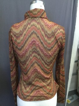HEART MOON STARS, Orange, Brick Red, Brown, Mustard Yellow, Magenta Pink, Polyester, Zig-Zag , Button Front, Long Sleeves, Collar Attached, Sheer, Zig Zag Stripes