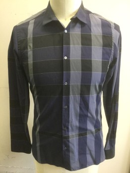 BURBERRY, Midnight Blue, Black, Gray, Cotton, Plaid, Abstract , Midnight Blue with Black and Gray Unusually Spaced Plaid Pattern, Long Sleeve Button Front, Collar Attached, Slim Fit