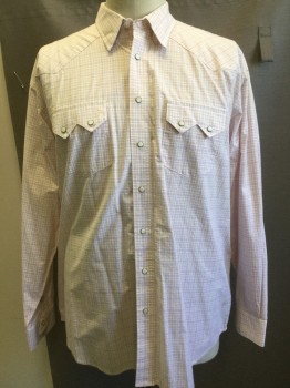 Mens, Western, RESISTOL, White, Pink, Orange, Black, Cotton, Plaid - Tattersall, XL, Collar Attached, Pearl White Button Snap Front, Long Sleeves, Pocket Flaps