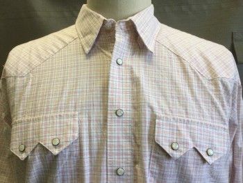 Mens, Western, RESISTOL, White, Pink, Orange, Black, Cotton, Plaid - Tattersall, XL, Collar Attached, Pearl White Button Snap Front, Long Sleeves, Pocket Flaps
