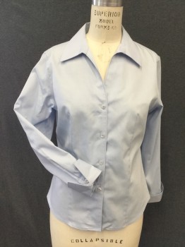CALVIN KLEIN, Lt Blue, Cotton, Solid, Button Front, Collar Attached, Rolled Back Cuff, Princess Seams
