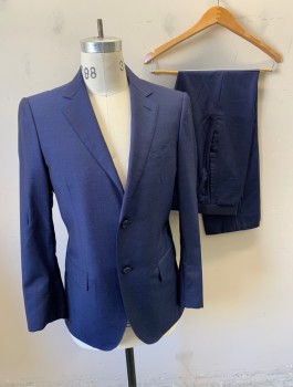 CARUSO/NEIMAN MARCUS, Navy Blue, Wool, Mohair, Solid, Single Breasted, Notched Lapel with Hand Picked Stitching, 2 Buttons, 3 Pockets
