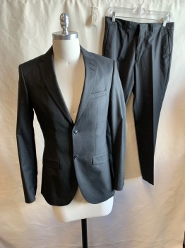 Mens, Suit, Jacket, TOPMAN, Charcoal Gray, Polyester, Viscose, Heathered, 36R, Single Breasted, Collar Attached, Notched Lapel, 2 Buttons,  3 Pockets