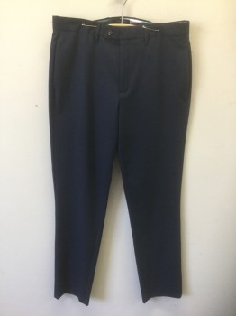 Mens, Slacks, TED BAKER, Navy Blue, Polyester, Viscose, Solid, Ins:31, W:32, Textured Bumpy Weave, Flat Front, Button Tab Waist, Slim Leg, Zip Fly, 4 Pockets