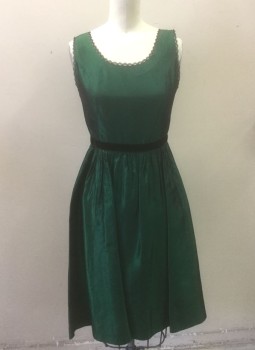 Womens, Cocktail Dress, N/L, Dk Green, Black, Polyester, Solid, W:26, B:32, Taffeta, Sleeveless, Scoop Neck, 1" Wide Black Velvet Waistband, Scallopped Black Lace at Neckline and Armholes, Gathered Waist, Knee Length, Center Back Zipper