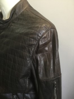 Mens, Leather Jacket, DROMe, Dk Brown, Leather, Solid, L, Grid Pattern Stitching, Zip Front, Stand Collar, 3 Zip Pockets Including 1 on Sleeve