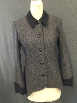 MTO, Black, Slate Blue, Cream, Tan Brown, Wool, Tweed, Solid, Heathered Wool Tweed Jacket with Black Collar & Cuffs, 5 Black Buttons Center Front, Black Button Down Tab at Waist Back,