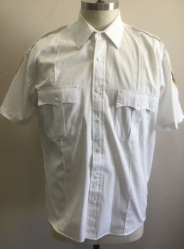 LAW PRO, White, Poly/Cotton, Solid, Short Sleeve Button Front, Collar Attached, 2 Patch Pockets with Button Flap Closures, "Security Officer" Black and Yellow Shield Patches on Either Sleeve, Epaulets at Shoulders