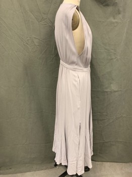 Womens, Dress, Sleeveless, REFORMATION, Lt Gray, Polyester, Chevron, 4, Plunge V Neck, Center Front 5 Button Up Placket, Gathered Shoulders, Gathered Empire Waistband, Fit and Flare Skirt, Slitted Side Seams, Below the Knee Length, Center Back Key Hole