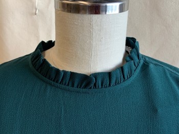 OASIS, Forest Green, Polyester, Solid, Crew Neck with Small Ruffle Trim, Long Sleeves, Folded Over Criss-cross Back with Triangle Key Hole with 2 Small Gold Buttons Back, Long Sleeves, Uneven Hem