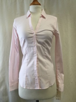 H&M, Baby Blue, White, Poly/Cotton, Elastane, Stripes - Micro, Button Front,ca  V-neck, Long Sleeves,