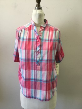 LAND & SEA, Pink, Cream, Aqua Blue, Magenta Pink, Lt Pink, Polyester, Cotton, Plaid, Short Sleeves, Button Front Placket, Band Collar,  Pullover,