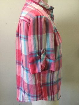 LAND & SEA, Pink, Cream, Aqua Blue, Magenta Pink, Lt Pink, Polyester, Cotton, Plaid, Short Sleeves, Button Front Placket, Band Collar,  Pullover,