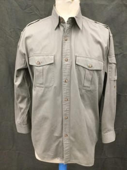 ORVIS, Putty/Khaki Gray, Cotton, Solid, Button Front, Collar Attached, Epaulets, 2 Flap Pockets, Button Cuff, Button Tabs on Sleeves, 1 Sleeve Pocket, Pleated Elbows