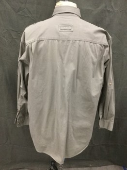 ORVIS, Putty/Khaki Gray, Cotton, Solid, Button Front, Collar Attached, Epaulets, 2 Flap Pockets, Button Cuff, Button Tabs on Sleeves, 1 Sleeve Pocket, Pleated Elbows