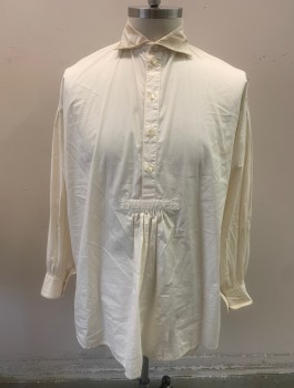 Mens, Historical Fiction Shirt, CASA D'ARTE, Off White, Cotton, Solid, 16.5, 1/4 Button Front Placket, Spread Collar Attached, Gathered Under Placket, Long Sleeves, Pleated at Shoulders, Button Cuff, Pleated at Back Neck, Aged/Dirty