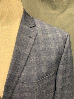 CALVIN KLEIN, Navy Blue, Gray, Wool, Plaid, Single Breasted, Collar Attached, Notched Lapel, 3 Pockets, 2 Buttons