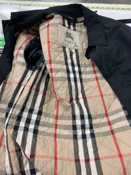 Mens, Coat, Overcoat, BURBERRY, Black, Polyester, Solid, S, Single Breasted, Collar Attached, 2 Pockets, Removable Liner-beige, Red Black Plaid, 2-PC