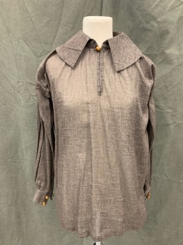 MTO, Chocolate Brown, Linen, Heathered, Striated Horizontal Lines, Pullover, 1 Wooden Button Loop Front with Keyhole, Wide Rounded Collar, Gathered Long Sleeves, 2 Wooden Button/Loop Cuff