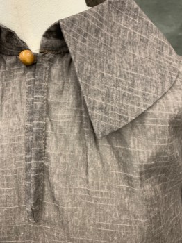 MTO, Chocolate Brown, Linen, Heathered, Striated Horizontal Lines, Pullover, 1 Wooden Button Loop Front with Keyhole, Wide Rounded Collar, Gathered Long Sleeves, 2 Wooden Button/Loop Cuff