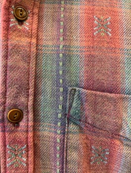 CURRENT/ELLIOT, Faded Red, Gray, Lt Blue, Cotton, Plaid, Geometric, Thick Brushed Cotton, Long Sleeve Button Front, Collar Attached, 2 Patch Pockets