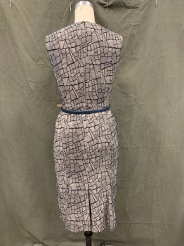 MAX MARA, Navy Blue, White, Cotton, Polyester, Abstract , Textured Striped Stepping Stone Pattern, Sleeveless, Zip Back, Knee Length, Gored Back Skirt, Dark Blue Leather Skinny Belt