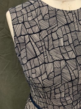 MAX MARA, Navy Blue, White, Cotton, Polyester, Abstract , Textured Striped Stepping Stone Pattern, Sleeveless, Zip Back, Knee Length, Gored Back Skirt, Dark Blue Leather Skinny Belt