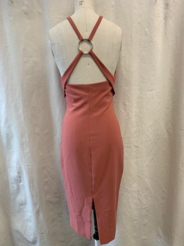 Womens, Cocktail Dress, CINQ A SEPT, Rose Pink, Polyester, Viscose, Solid, B30, 4, W27, Halter Neckline, Cross Back with Metal O Ring, Body Con, Zip Side, Hem Above Knee