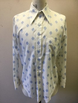 THE ARROW COLLAR MAN, White, Lt Blue, Cotton, Geometric, Long Sleeve Button Front, Collar Attached, 1 Patch Pocket,