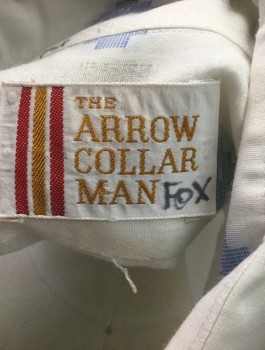 THE ARROW COLLAR MAN, White, Lt Blue, Cotton, Geometric, Long Sleeve Button Front, Collar Attached, 1 Patch Pocket,