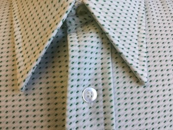 Mens, Dress Shirt, CLASSICS By CAMPUS, White, Green, Polyester, Polka Dots, Stripes - Diagonal , XL, Self Diagonal Stripes with Green Abstract Dots, Collar Attached, Button Front, 1 Pocket, Short Sleeves, Curved Hem