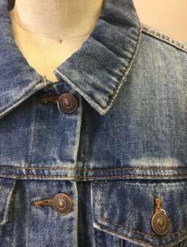 Womens, Jean Jacket, FREE PEOPLE, Denim Blue, Cotton, Polyester, Solid, Faded, XS, Medium Wash Denim, Button Front, Collar Attached, 4 Pockets, Horizontal Panel on Sleeve Elbow