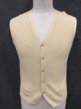 Mens, Sweater Vest, TSE, Butter Yellow, Cashmere, Solid, XL, Ribbed Knit Front, Button Front, Ribbed Knit Back Waistband, 2 Faux Pockets