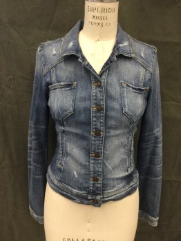 Womens, Jean Jacket, GUESS, Blue, Cotton, Solid, L, Fitted, Button Front, Collar Attached, 4 Pockets, Long Sleeves, Button Cuff, Distressed