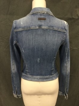GUESS, Blue, Cotton, Solid, Fitted, Button Front, Collar Attached, 4 Pockets, Long Sleeves, Button Cuff, Distressed