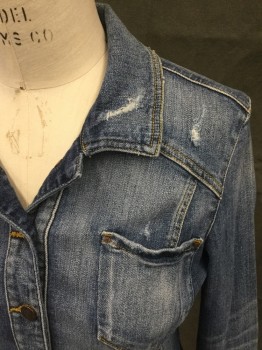Womens, Jean Jacket, GUESS, Blue, Cotton, Solid, L, Fitted, Button Front, Collar Attached, 4 Pockets, Long Sleeves, Button Cuff, Distressed