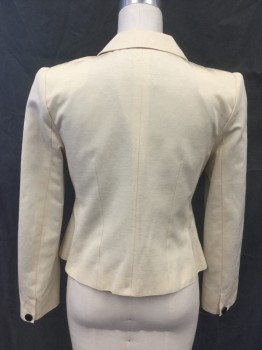D&G, Cream, Cotton, Acetate, Solid, Silk Feel, Double Breasted, Snap Closures, Collar Attached, Peaked Lapel, 3 Pockets, Hand Picked Collar/Lapel, Pleated Shoulder, Long Sleeves, Black Tie Front Attached