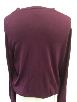 BANANA REPUBLIC, Plum Purple, Silk, Cotton, Solid, V-neck, Long Sleeves, Rib Knit Neck, Hem ,and Cuffs