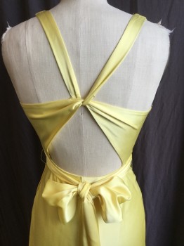 Womens, Evening Gown, BCBG, Yellow, Silk, Polyester, Solid, 2, Deep V-neck with Gathered & Twisted Work Into Waist Belt, Triangle Cut-out Criss-cross, Loop Through Back, Side Zip