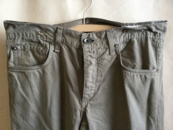 RAG & BONE, Lt Olive Grn, Cotton, Solid, 1.75" Waistband, Jean-cut, 5 Pockets, Metal Button Front,