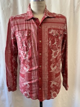 Mens, Casual Shirt, INSIGHT, Burnt Orange, Ecru, Cotton, Paisley/Swirls, Stripes, S, Collar Attached, Button Front, Long Sleeves, 2 Patch Pockets with 1 Button
