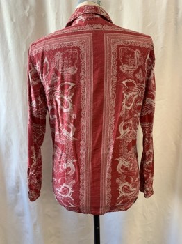 Mens, Casual Shirt, INSIGHT, Burnt Orange, Ecru, Cotton, Paisley/Swirls, Stripes, S, Collar Attached, Button Front, Long Sleeves, 2 Patch Pockets with 1 Button
