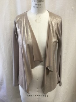 ELIE TAHARI, Beige, Gold, Wool, Leather, Taupe/Glitter Leather Front, Draped Open Front, Solid Taupe Knit Back/Sleeves, Long Sleeves