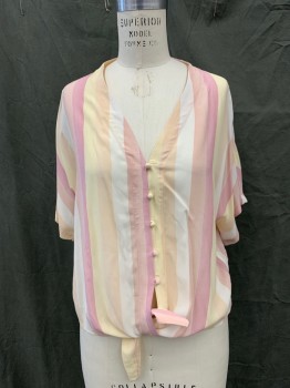 RAILS, Pink, Peach Orange, Cream, Butter Yellow, Rayon, Stripes - Vertical , V-neck, Button Front, Covered Button/Loop Front, Dolman Short Sleeves, Tie Front