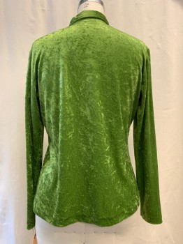 BENNETON, Green, Synthetic, Solid, Crushed Velvet, Button Front, Collar Attached, Long Sleeves,